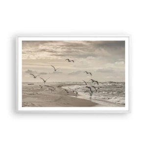 Plakat i hvid ramme - Havet brummer, fuglene synger - 91x61 cm