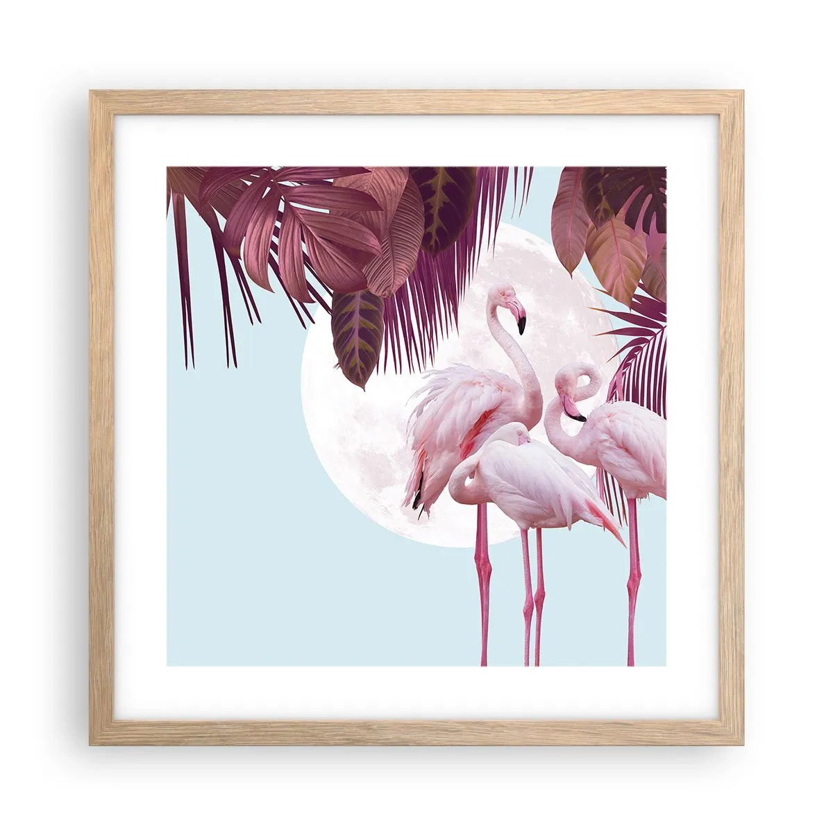 Plakat i ramme af lyst egetræ - Tre fugles ynde - 40x40 cm