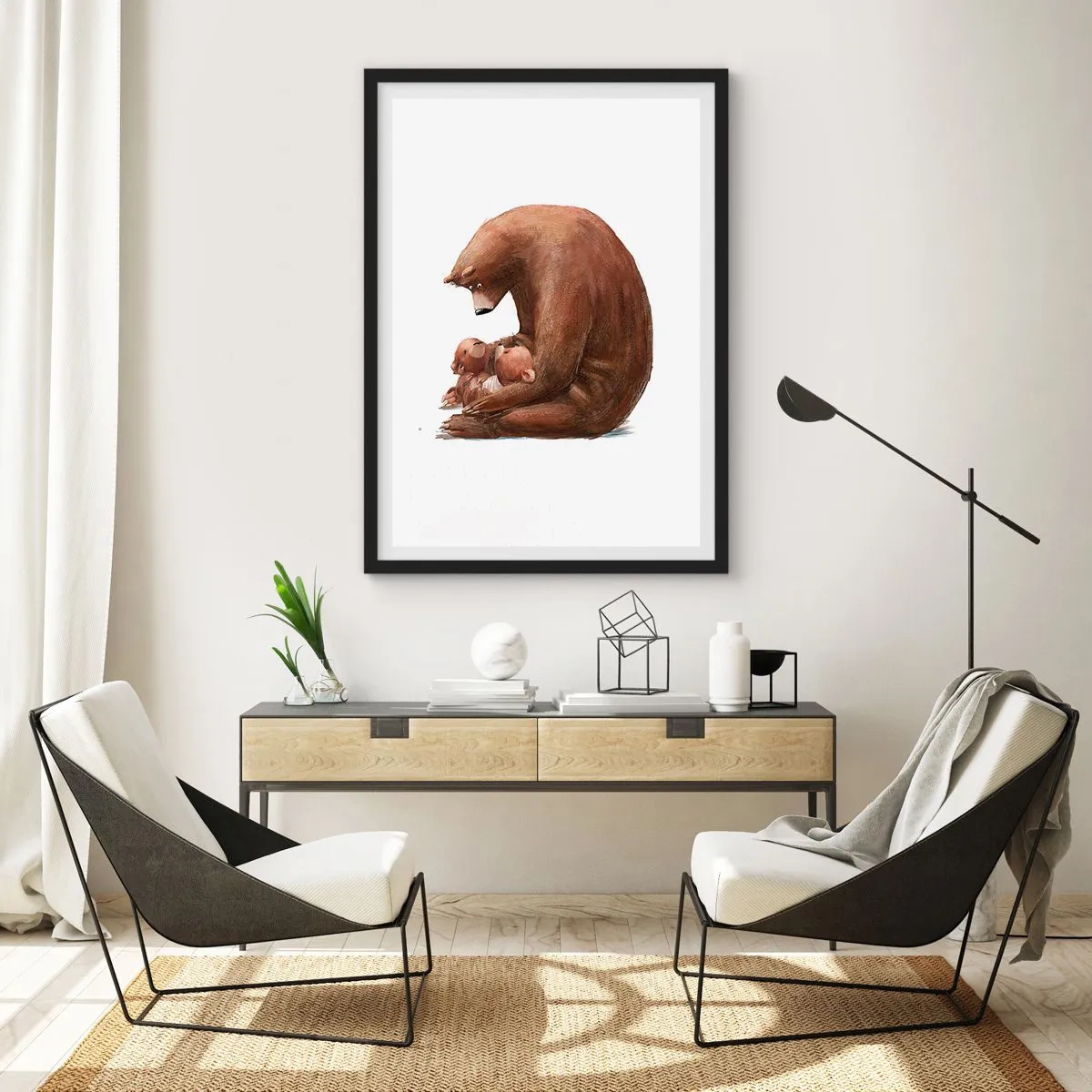 Plakat i sort ramme - Morbjørn krammer to små bjørne i en hjertelig omfavnelse - 50x70cm - Drøm sødt, børn - Moderne vægdekoration til stue og soveværelse ARTTOR