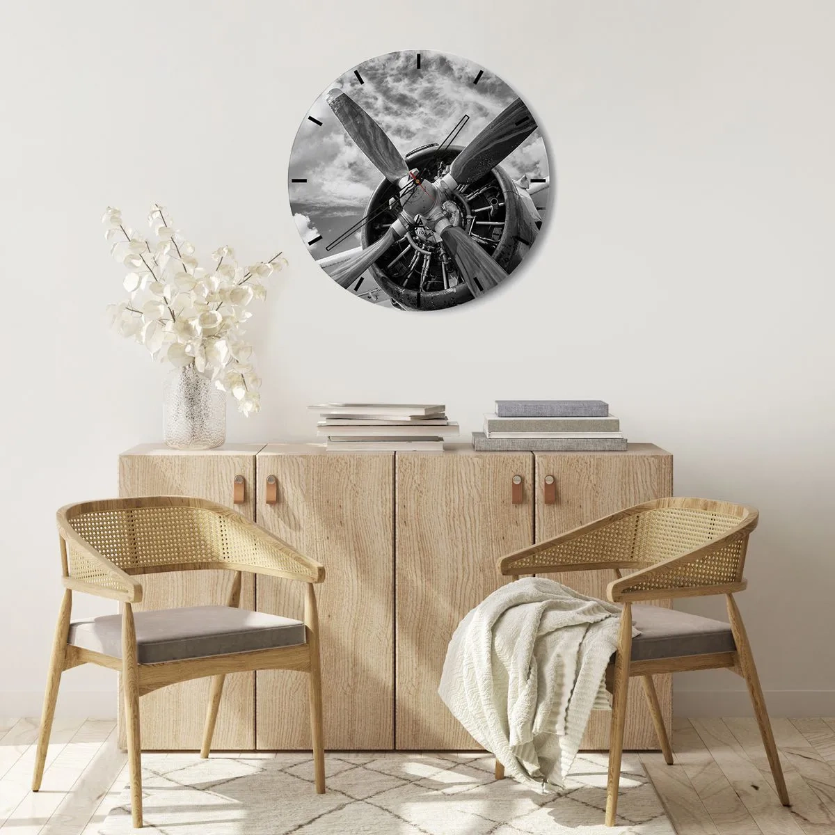 Vægur, Uret - Flypropelmotor i sort og hvid - 30x30cm - Himmelens erobrer - Moderne vægdekoration til stue, køkken og soveværelse ARTTOR