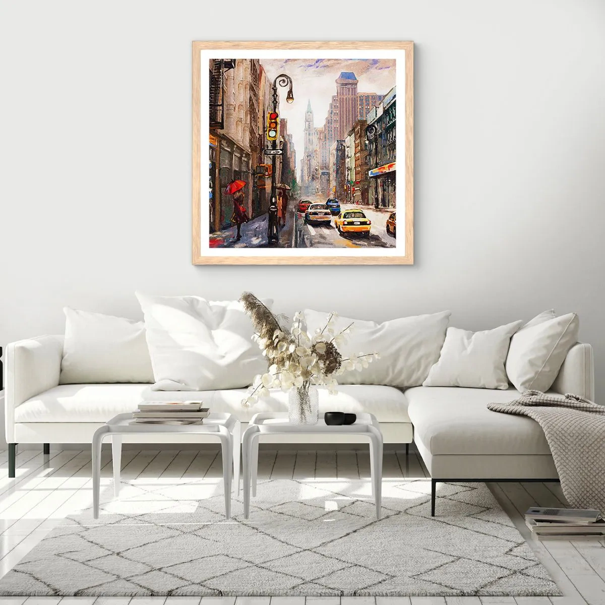 Plakat i ramme af lyst egetræ - New York - også farverig i regnvejr - 60x60 cm