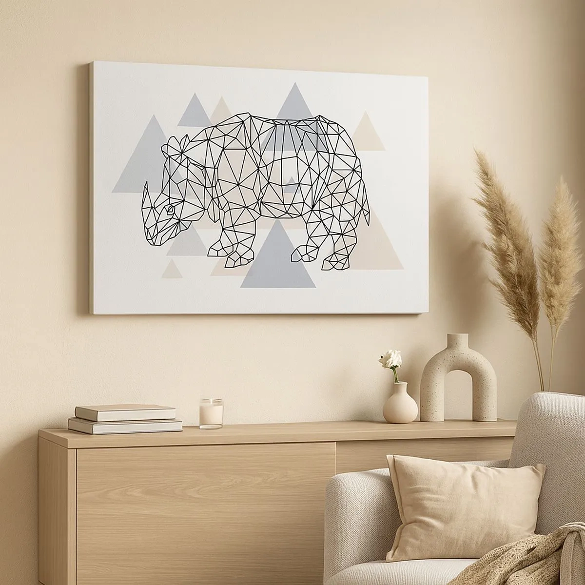 Lærredstryk - Billede på lærred - Geometrisk næsehorn på en baggrund af fine trekanter - 70x50cm - Kraftstruktur - Moderne vægdekoration til stue og soveværelse ARTTOR