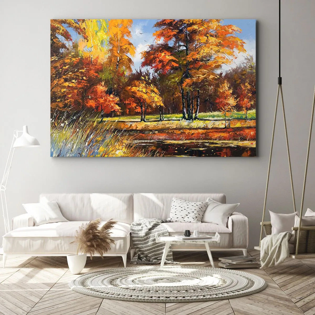 Lærredstryk - Billede på lærred - Efterårslandskab med farverige træer og en dam - 70x50cm - Landskab i guld og bronze - Moderne vægdekoration til stue og soveværelse ARTTOR