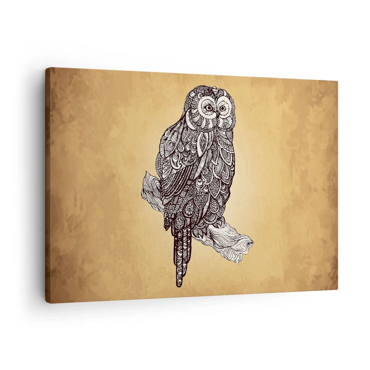 Lærredstryk - Billede på lærred - En ugle i ornamental stil på en beige baggrund - 70x50cm - Indviklede ornamenter af visdom - Moderne vægdekoration til stue og soveværelse ARTTOR