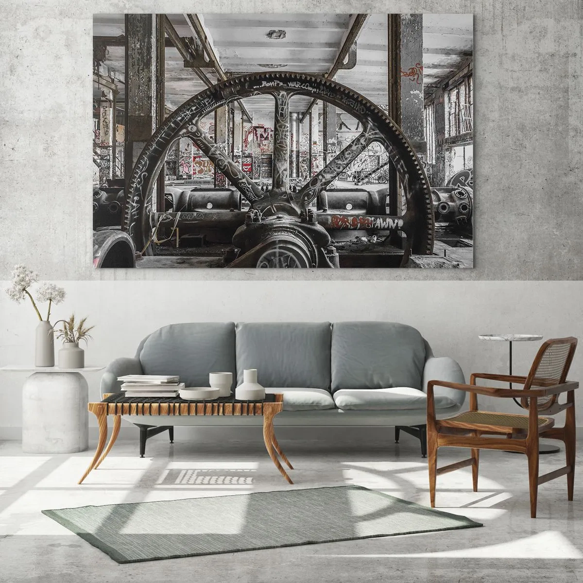 Billede på glas - Historisk industrielt interiør med et tandhjul - 70x50cm - Fabrikkens hemmelige liv - Moderne vægdekoration til stue og soveværelse ARTTOR