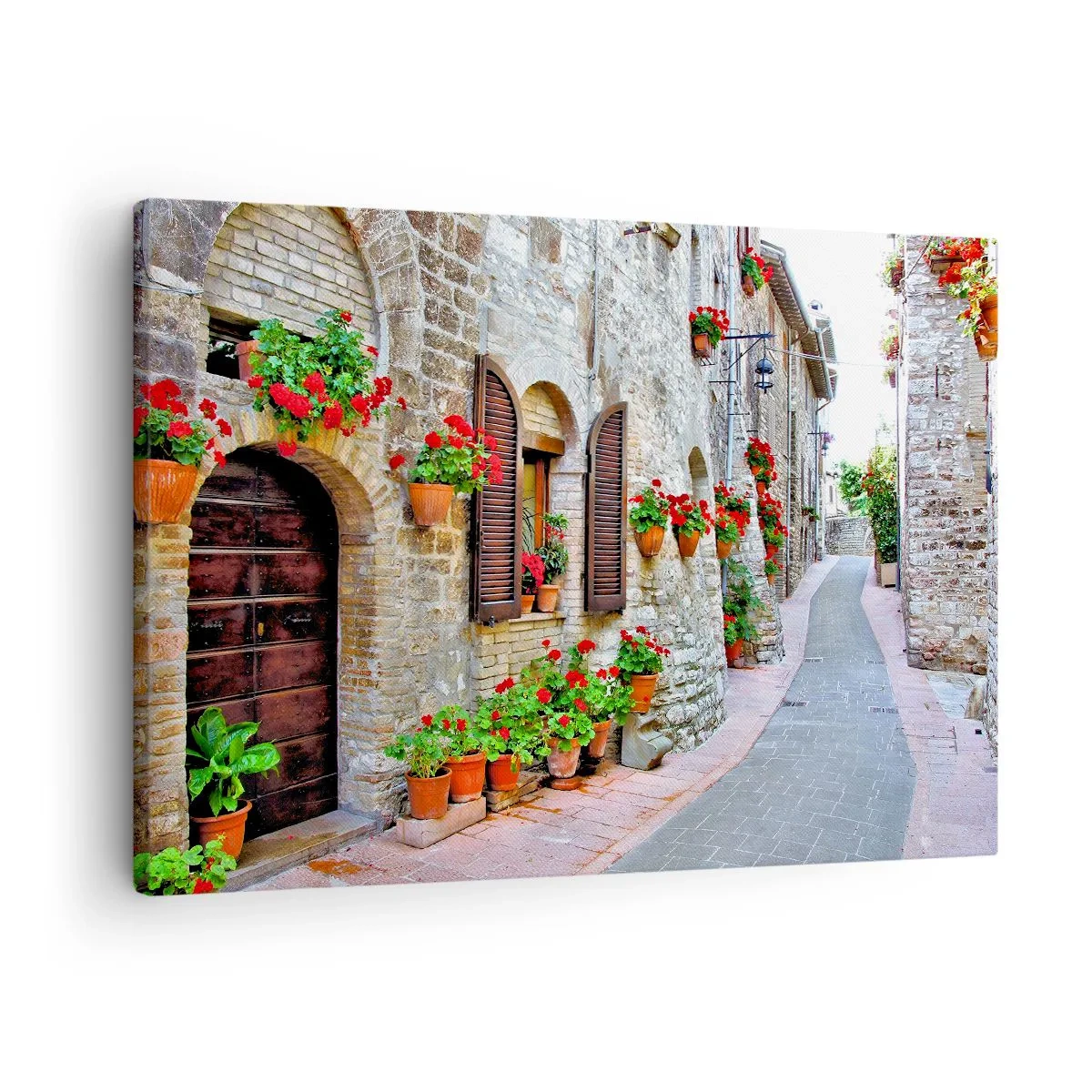 Lærredstryk - Billede på lærred - En smal gade med stenbygninger dekoreret med blomsterpotter - 70x50cm - Italiensk atmosfære - Moderne vægdekoration til stue og soveværelse ARTTOR