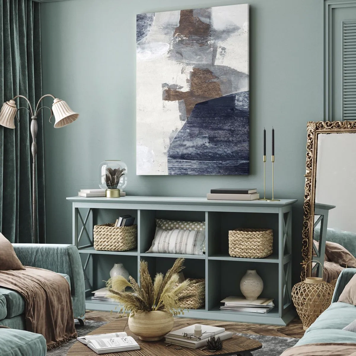 Lærredstryk - Billede på lærred - Blåbrune former - 70x100 cm