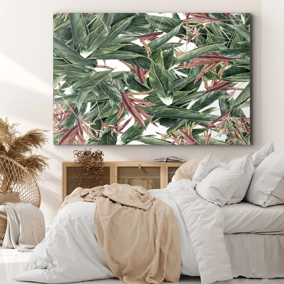 Lærredstryk - Billede på lærred - Et dekorativt bladmotiv i nuancer af grønt og bordeaux på en lys baggrund - 70x50cm - Smaragd- og syrenbuskads - Moderne vægdekoration til stue og soveværelse ARTTOR