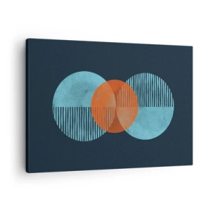 Lærredstryk - Billede på lærred - Geometriske cirkler i nuancer af blå og orange - 70x50cm - Symmetrisk sammensætning - Moderne vægdekoration til stue og soveværelse ARTTOR