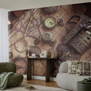 Fototapet Premium Canvas - Opkald til eventyr - Verdenskort, Kompas, Revolver - 500x350 cm