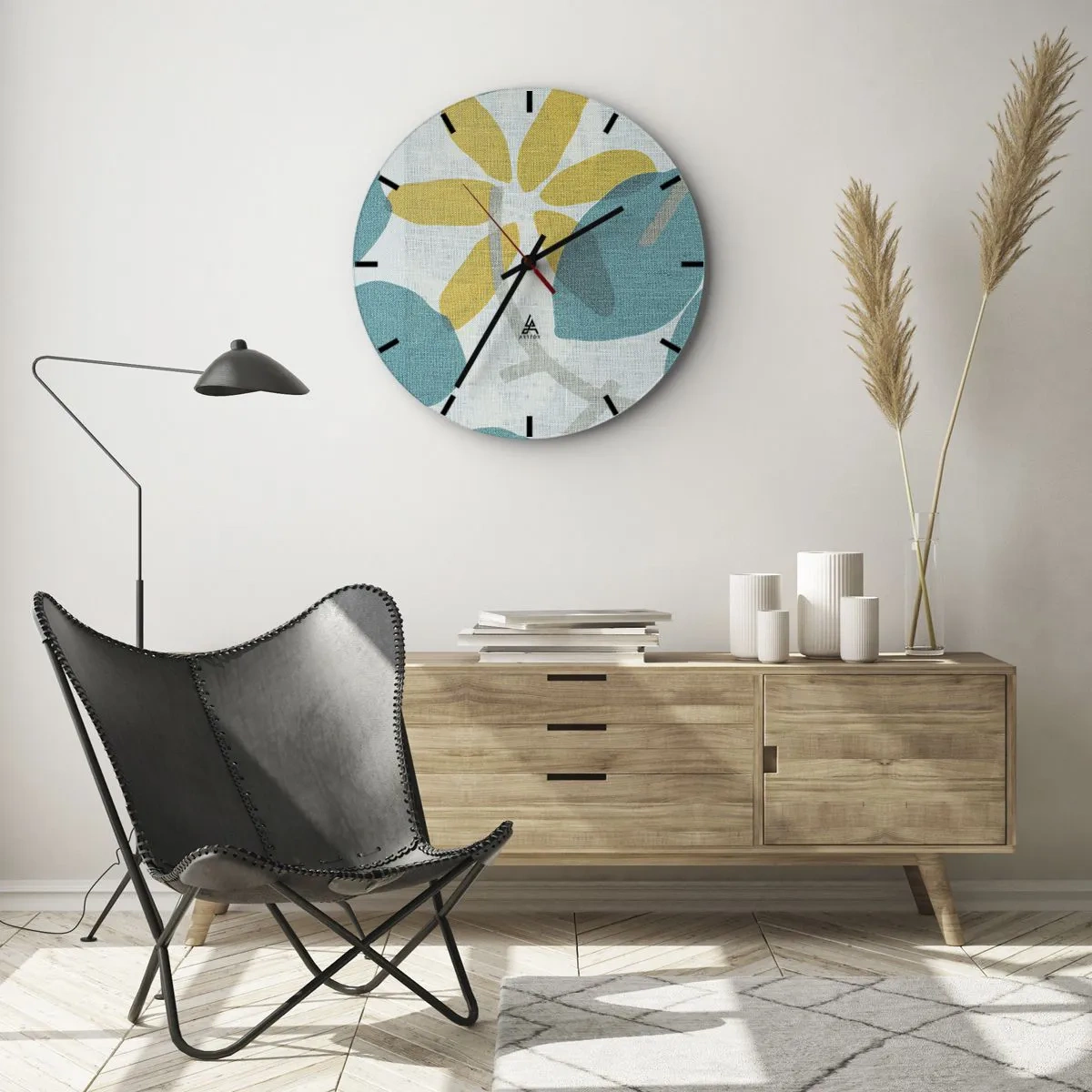 Vægur, Uret - Gule og turkise blade på en lys, linnedtekstureret baggrund - 30x30cm - Blandt azurblå blade - Moderne vægdekoration til stue, køkken og soveværelse ARTTOR