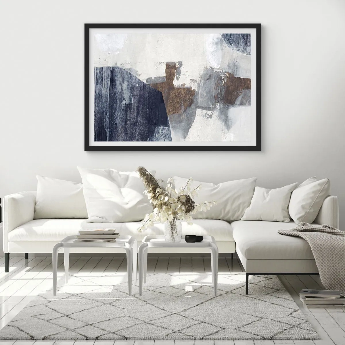 Plakat i sort ramme - Blåbrune former - 100x70 cm