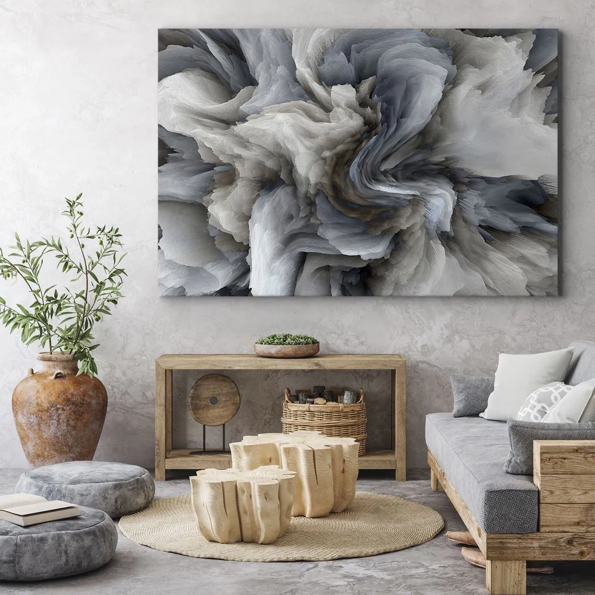 Lærredstryk - Billede på lærred - Abstrakt hvirvel i nuancer af grå og blå - 70x50cm - Sten og blomst - Moderne vægdekoration til stue og soveværelse ARTTOR
