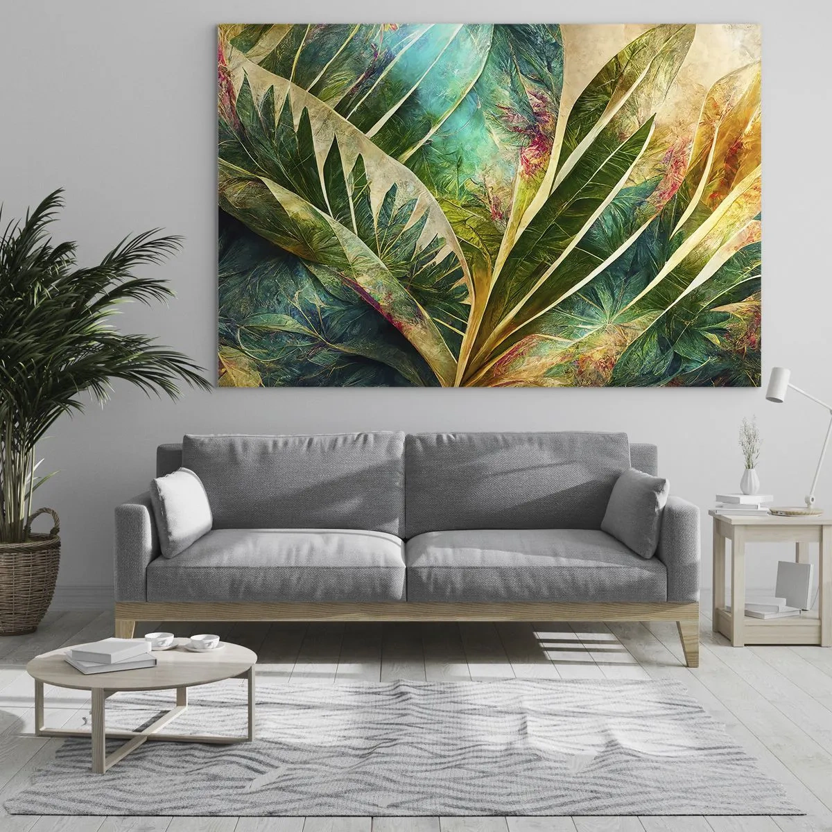Billede på glas - Farverige blade med en tropisk følelse - 70x50cm - Farver fra troperne - Moderne vægdekoration til stue og soveværelse ARTTOR