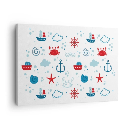 Lærredstryk - Billede på lærred - Nautisk mønster med ankre, skibe og krabber - 70x50cm - En fortælling om havet - Moderne vægdekoration til stue og soveværelse ARTTOR