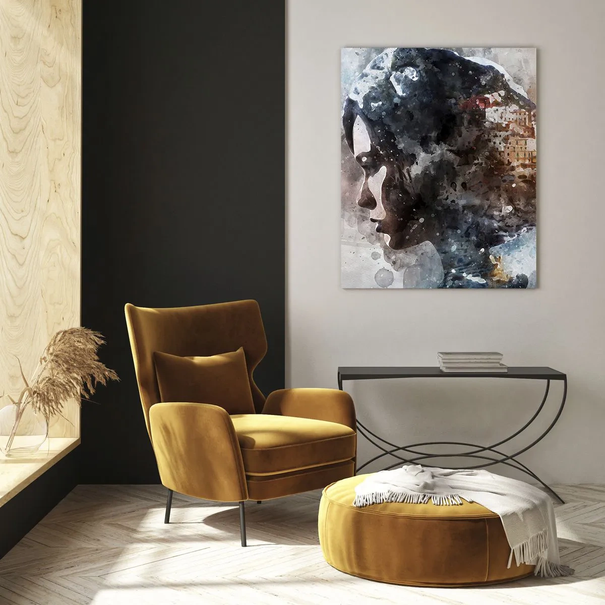 Billede på glas - Historien om en pige med en by i baggrunden - 50x70 cm