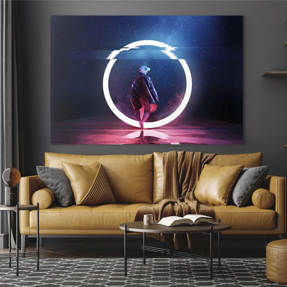 Billede på glas - En figur i en futuristisk setting med en neonring - 70x50cm - Mellem verdener - Moderne vægdekoration til stue og soveværelse ARTTOR