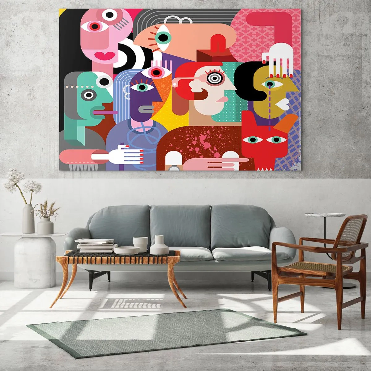 Billede på glas - Abstrakt komposition af ansigter i levende farver - 70x50cm - Vi fra hr. Picasso - Moderne vægdekoration til stue og soveværelse ARTTOR