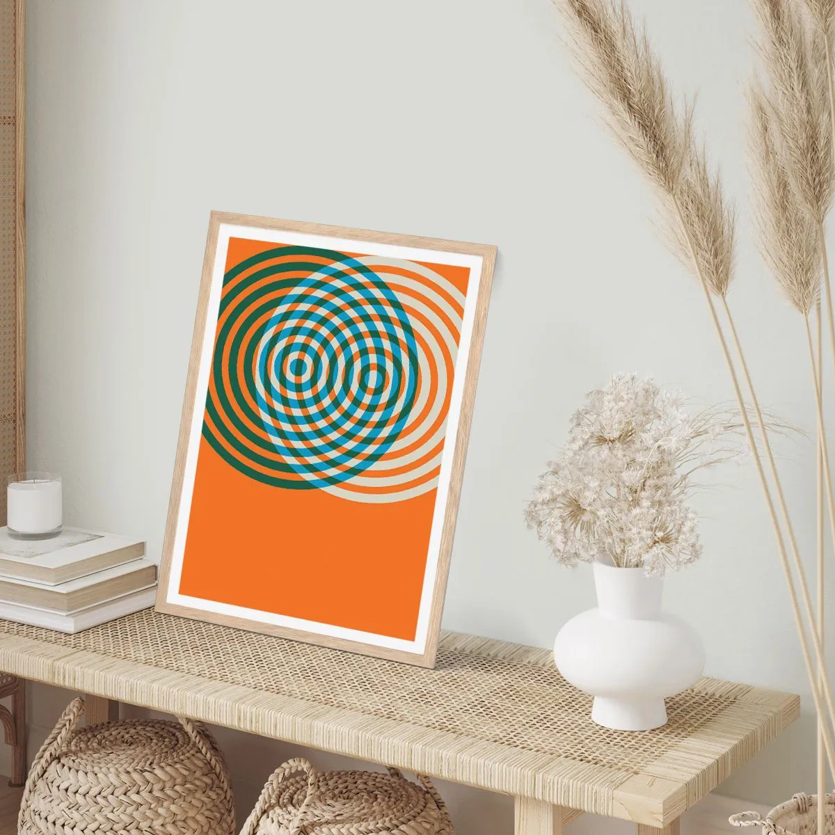 Plakat i ramme af lyst egetræ - Abstrakt cirkulær variation - 70x100 cm