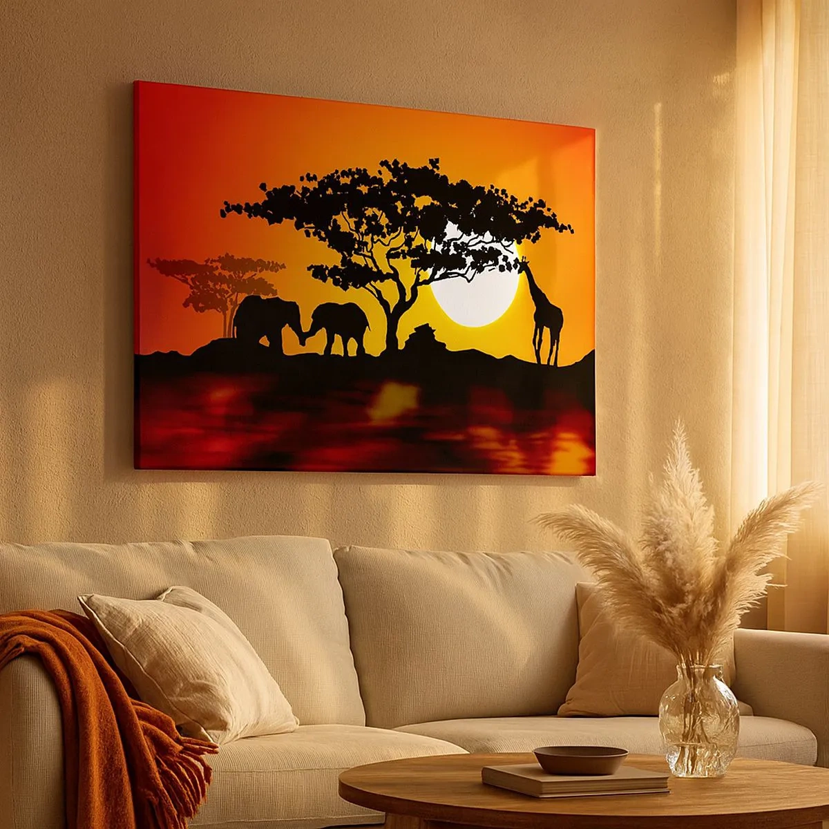 Lærredstryk - Billede på lærred - Afrikansk solnedgang med silhuetter af elefanter og giraffer over vandet - 70x50cm - Møde på savannen - Moderne vægdekoration til stue og soveværelse ARTTOR