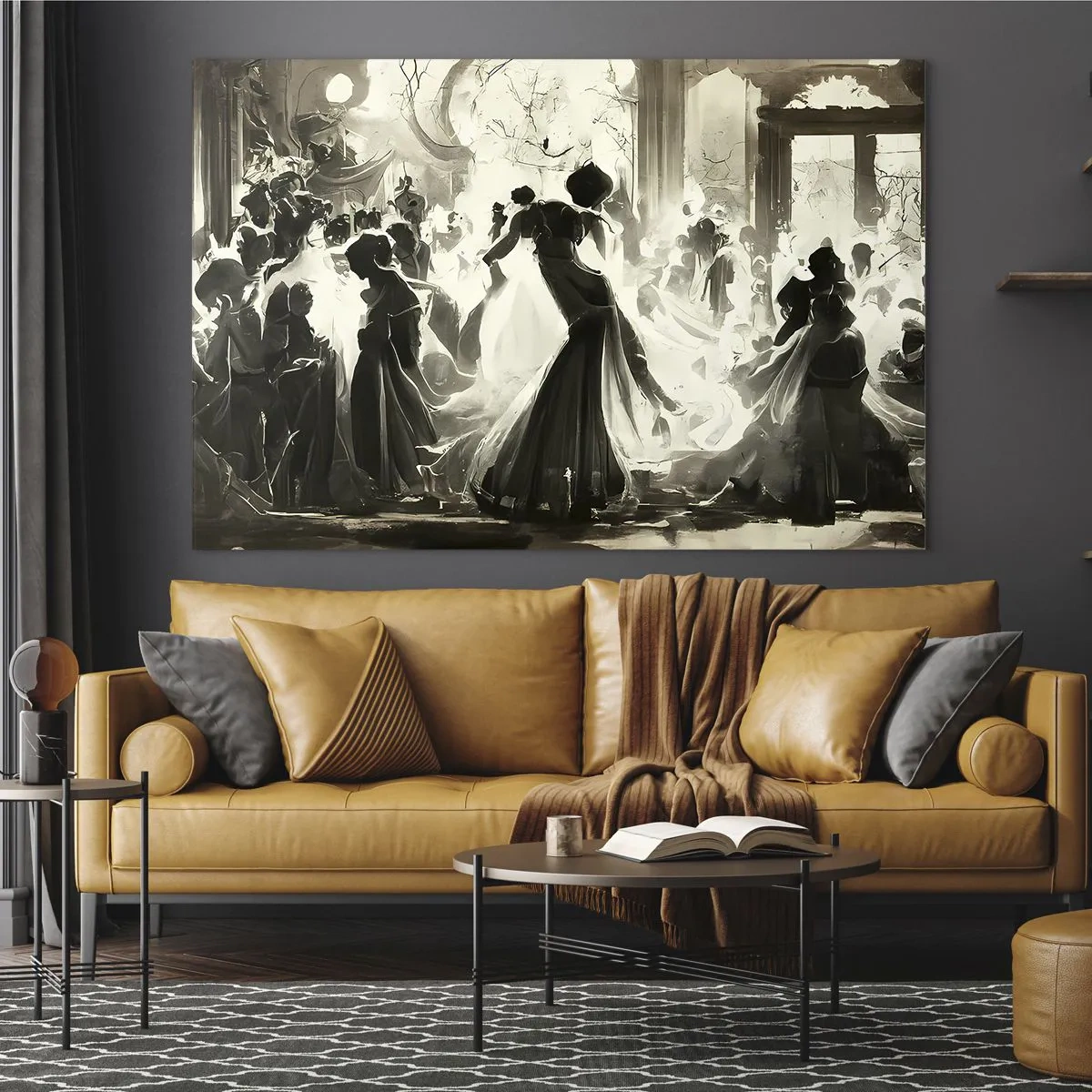 Billede på glas - En retro-stil balsal scene med dansende figurer - 70x50cm - Den store maskerade - Moderne vægdekoration til stue og soveværelse ARTTOR