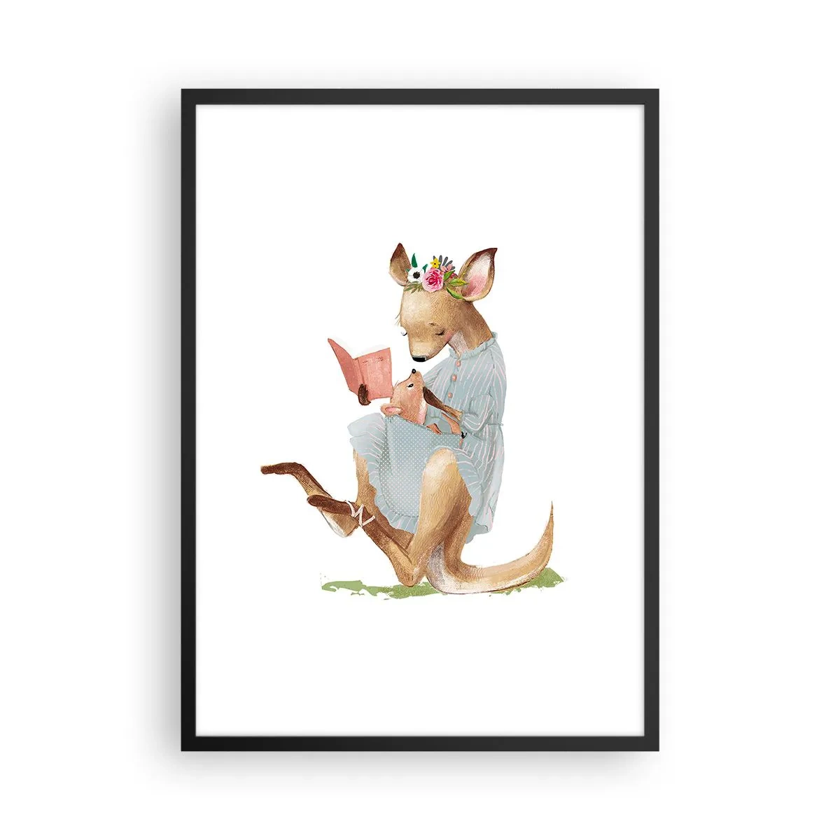 Plakat i sort ramme - En kænguru læser en bog med et barn i en kunstnerisk stil. - 50x70cm - Læs for mig, mor - Moderne vægdekoration til stue og soveværelse ARTTOR