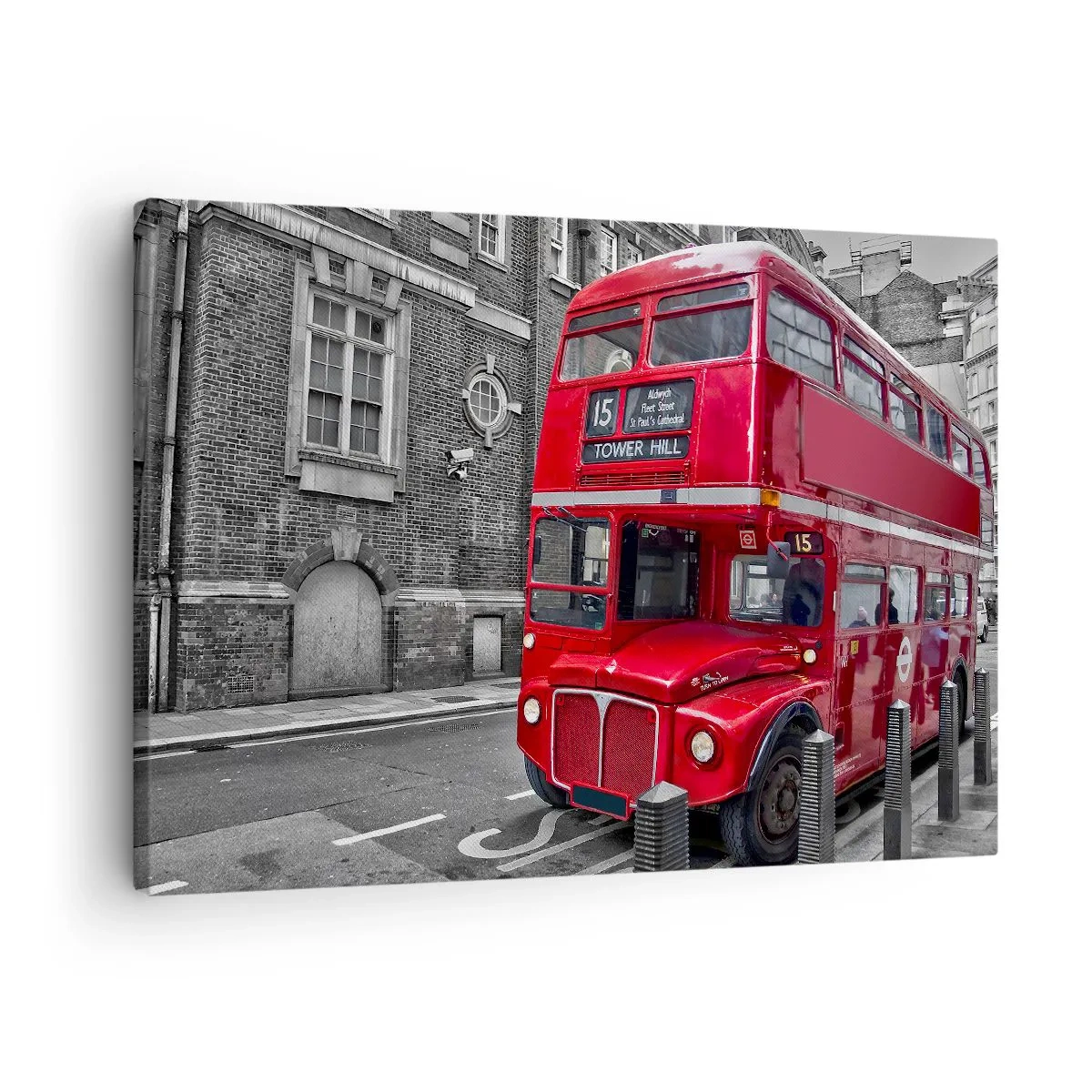 Lærredstryk - Billede på lærred - En rød dobbeltdækkerbus i London mod en baggrund af klassisk arkitektur - 70x50cm - Altid det samme - Moderne vægdekoration til stue og soveværelse ARTTOR