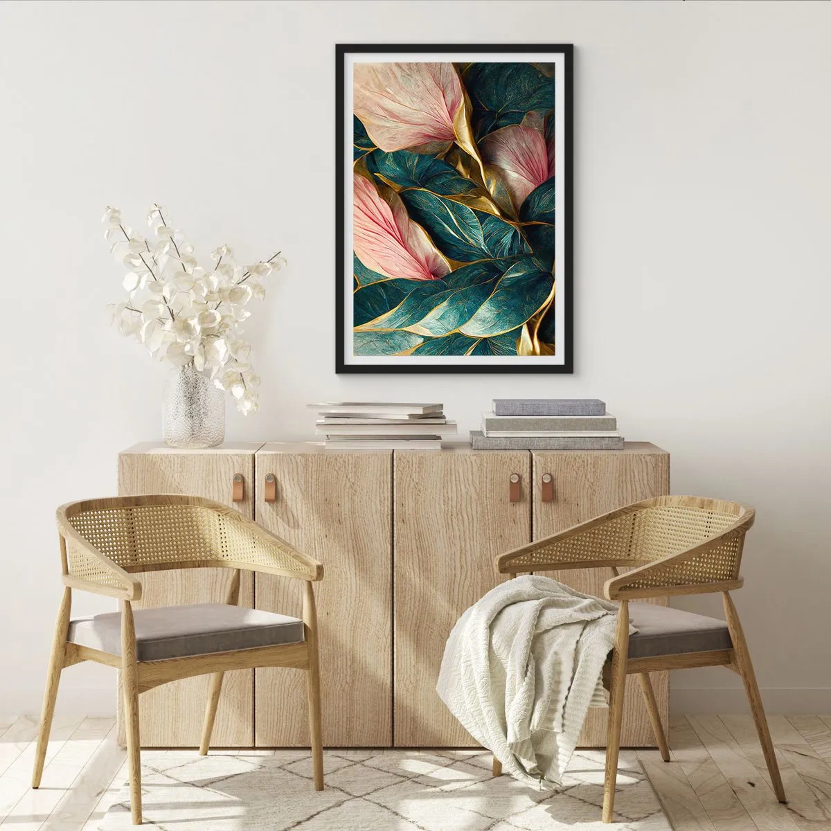 Plakat i sort ramme - En elegant komposition af blade i nuancer af grønt, guld og pink - 50x70cm - Naturlig elegance og stil - Moderne vægdekoration til stue og soveværelse ARTTOR