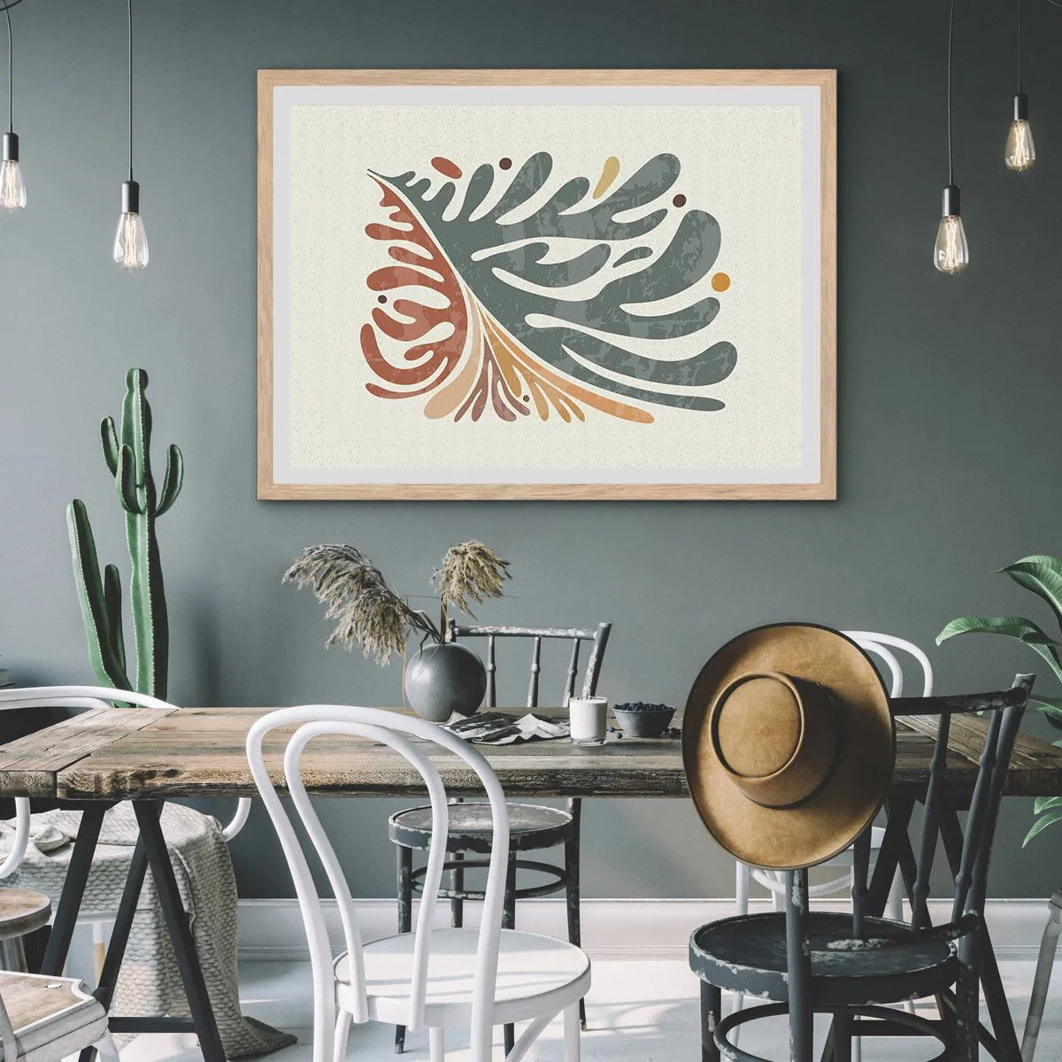 Plakat i ramme af lyst egetræ - Flerfarvet blad - 91x61 cm