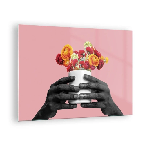 Billede på glas - Sorte og hvide hænder, der holder en farverig blomsterbuket - 70x50cm - Livets apotheose - Moderne vægdekoration til stue og soveværelse ARTTOR