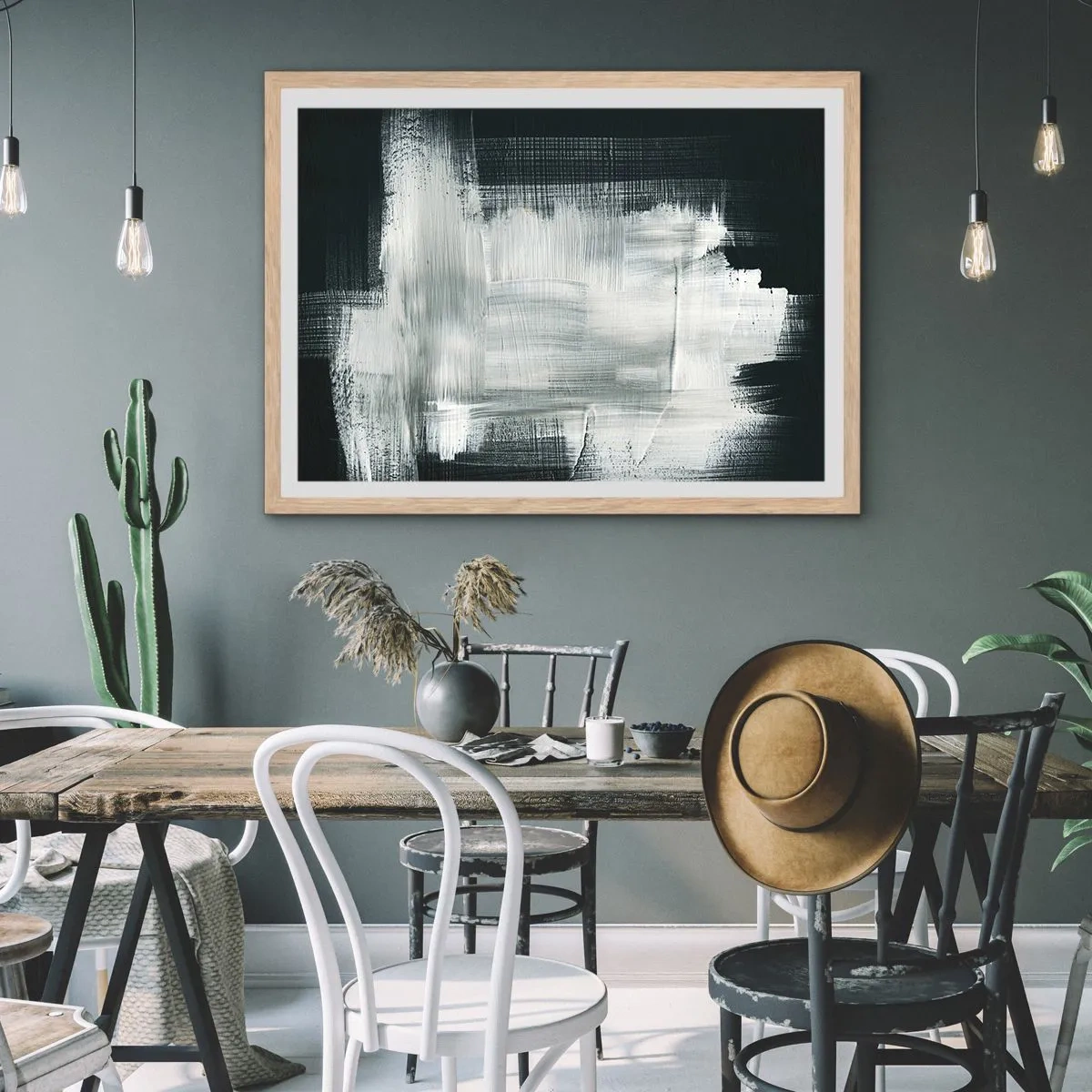 Plakat i ramme af lyst egetræ - Vævet af det lodrette og det vandrette - 100x70 cm