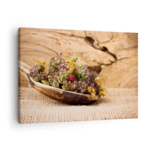 Lærredstryk - Billede på lærred - Tørrede urter i en træske på en naturlig træbaggrund - 70x50cm - Farverige blomster og velduftende urter - Moderne vægdekoration til stue og soveværelse ARTTOR