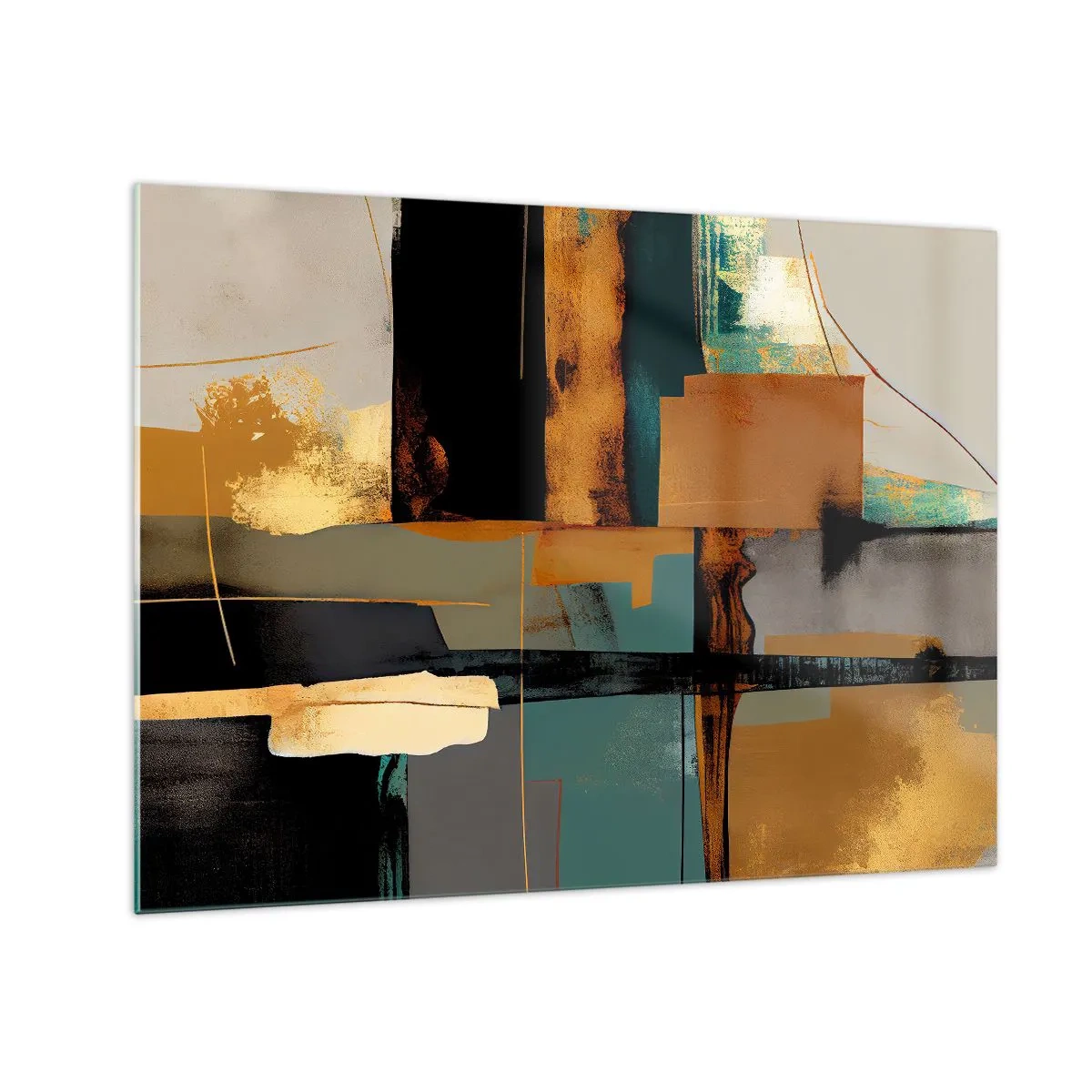 Billede på glas - Moderne abstraktion med kontrasterende guld, sort og turkis - 70x50cm - Abstraktion - lys og skygge - Moderne vægdekoration til stue og soveværelse ARTTOR
