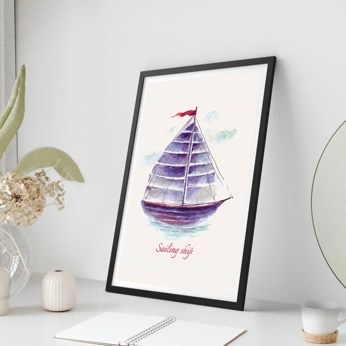 Plakat i sort ramme - Fulde sejl og roligt vand - 50x70 cm