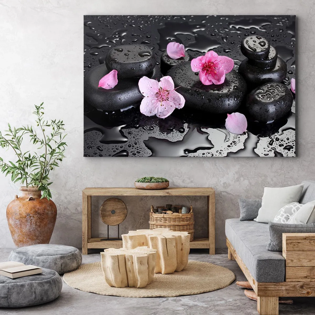 Lærredstryk - Billede på lærred - Sorte sten og lyserøde blomster i spa-stil - 70x50cm - Og stenen falder fra hjertet - Moderne vægdekoration til stue og soveværelse ARTTOR