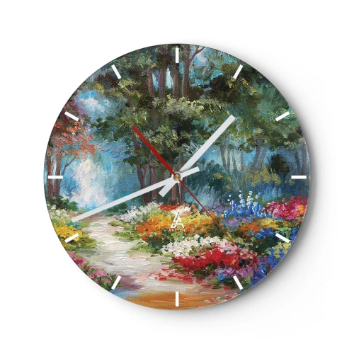 Vægur, Uret - En farverig have med blomster og træer i baggrunden - 30x30cm - Skovhave, blomsterskov - Moderne vægdekoration til stue, køkken og soveværelse ARTTOR