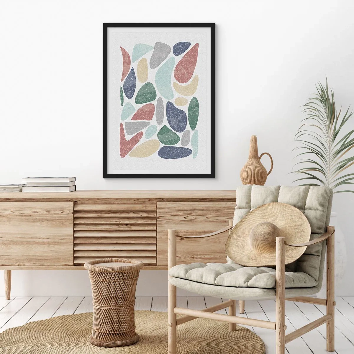 Plakat i sort ramme - Abstrakte sten i pastelfarver - 50x70cm - Mosaik af pulveriserede farver - Moderne vægdekoration til stue og soveværelse ARTTOR