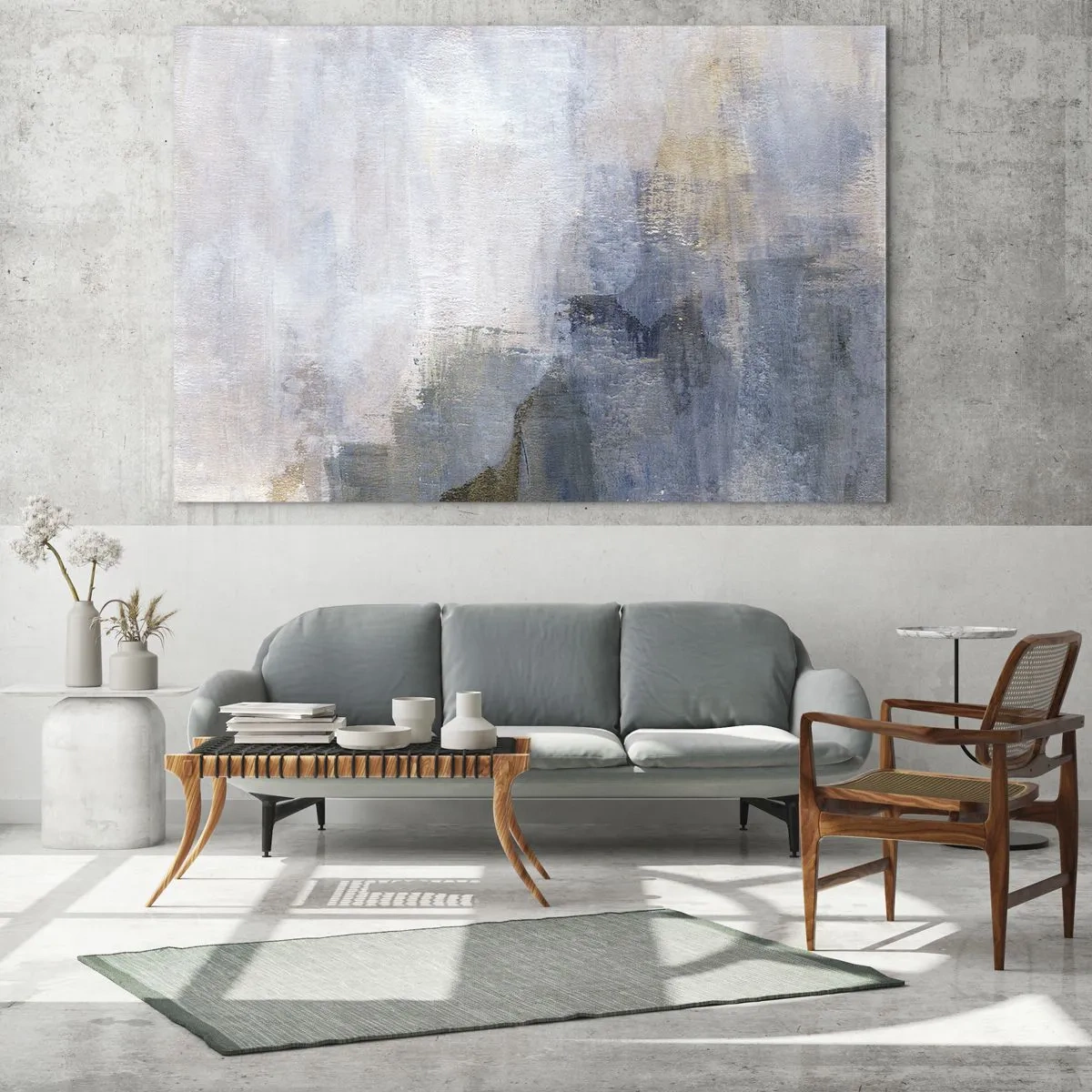 Billede på glas - En abstrakt komposition i kølige blå og beige toner. - 70x50cm - Farvetoner og akkorder - Moderne vægdekoration til stue og soveværelse ARTTOR