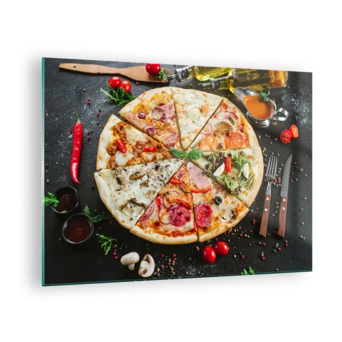 Billede på glas - Pizza i forskellige smagsvarianter med toppings på en mørk baggrund - 70x50cm - Et udvalg af smagsvarianter - Moderne vægdekoration til stue og soveværelse ARTTOR