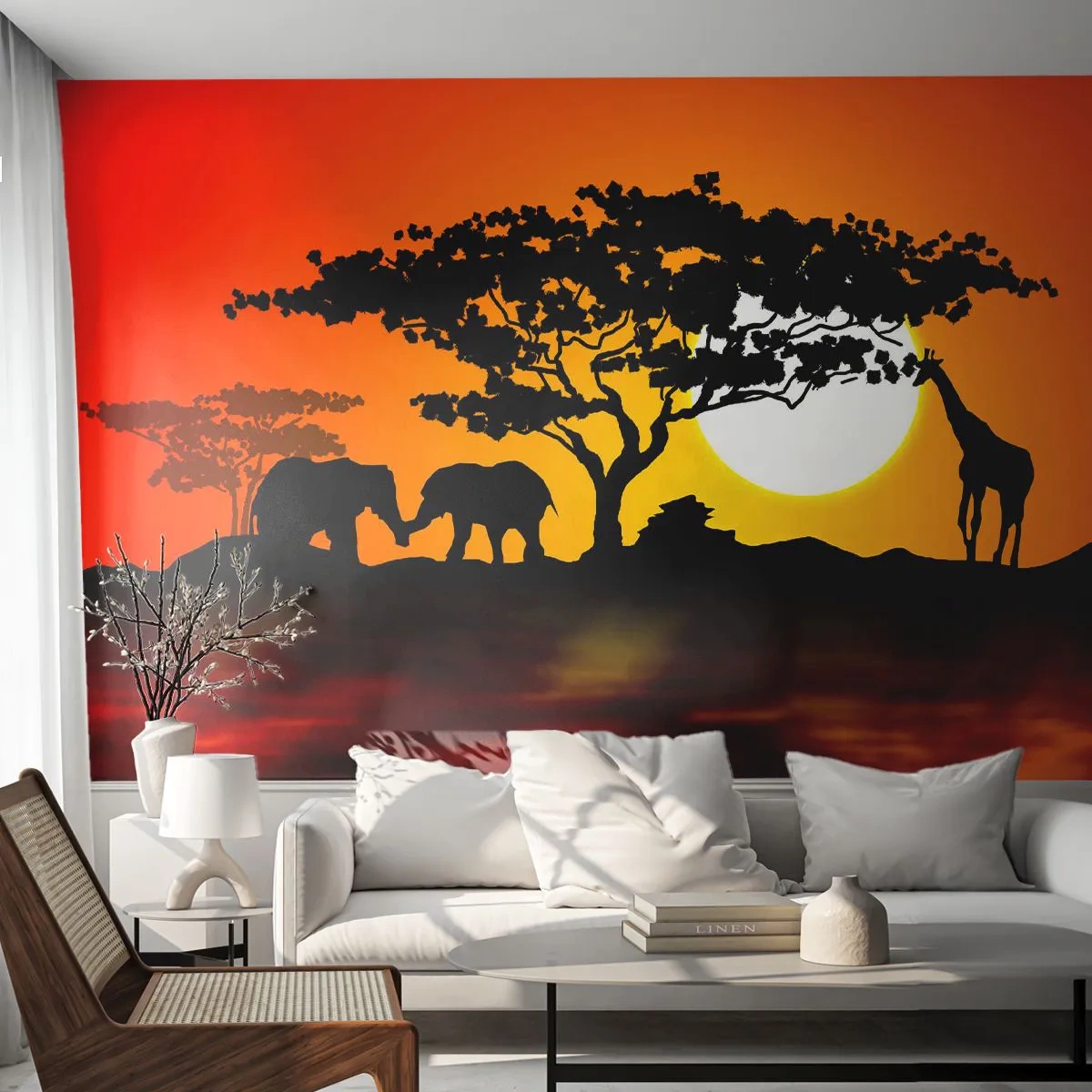Fototapet Premium Sand - Møde på savannen - Dyr, Afrika, Giraf - 100x70 cm