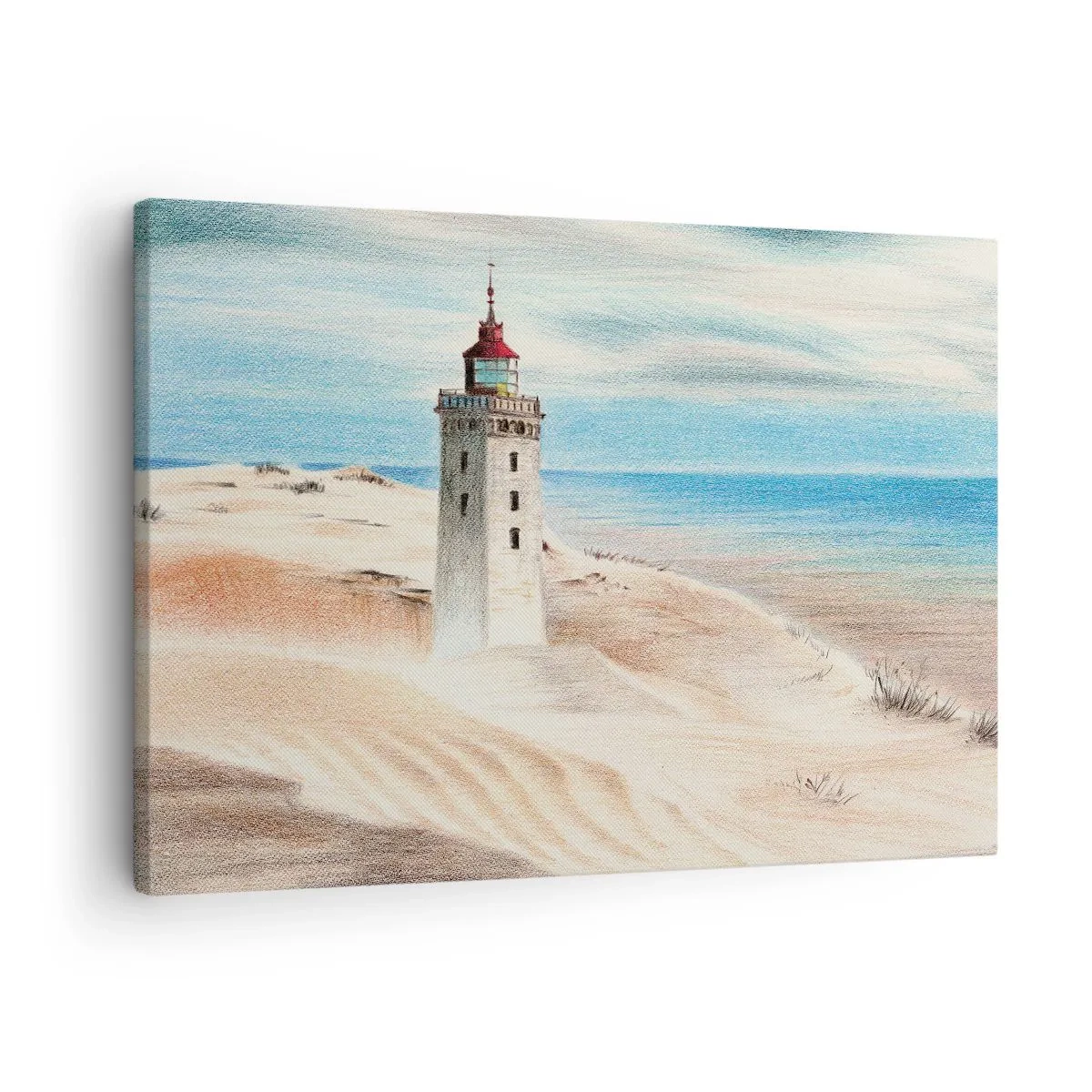 Lærredstryk - Billede på lærred - Et fyrtårn omgivet af klitter og en blå himmel - 70x50cm - Altid med blikket rettet mod havet - Moderne vægdekoration til stue og soveværelse ARTTOR