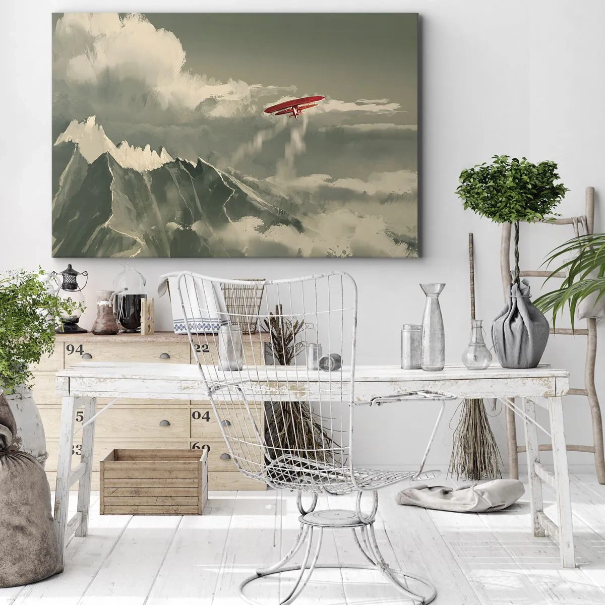 Lærredstryk - Billede på lærred - Rødt fly over snedækkede bjerge - 70x50cm - Frygtløs pioner - Moderne vægdekoration til stue og soveværelse ARTTOR