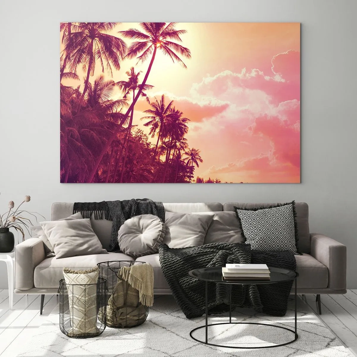 Billede på glas - Tropiske palmer i lyset af den nedgående sol mod en lyserød himmel - 70x50cm - Du skal vælge - Moderne vægdekoration til stue og soveværelse ARTTOR