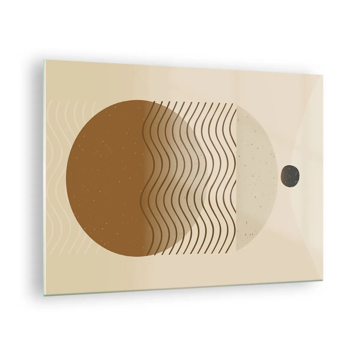 Billede på glas - Geometrisk komposition med bølger og cirkler i beige farver - 70x50cm - Om geometriske figurers oprindelse - Moderne vægdekoration til stue og soveværelse ARTTOR