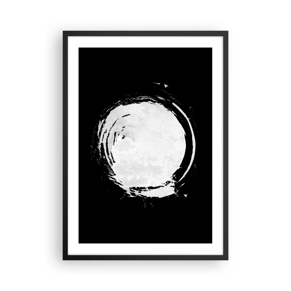 Plakat i sort ramme - Hvid abstrakt cirkelform på en sort baggrund - 50x70cm - Den gode vej ud - Moderne vægdekoration til stue og soveværelse ARTTOR