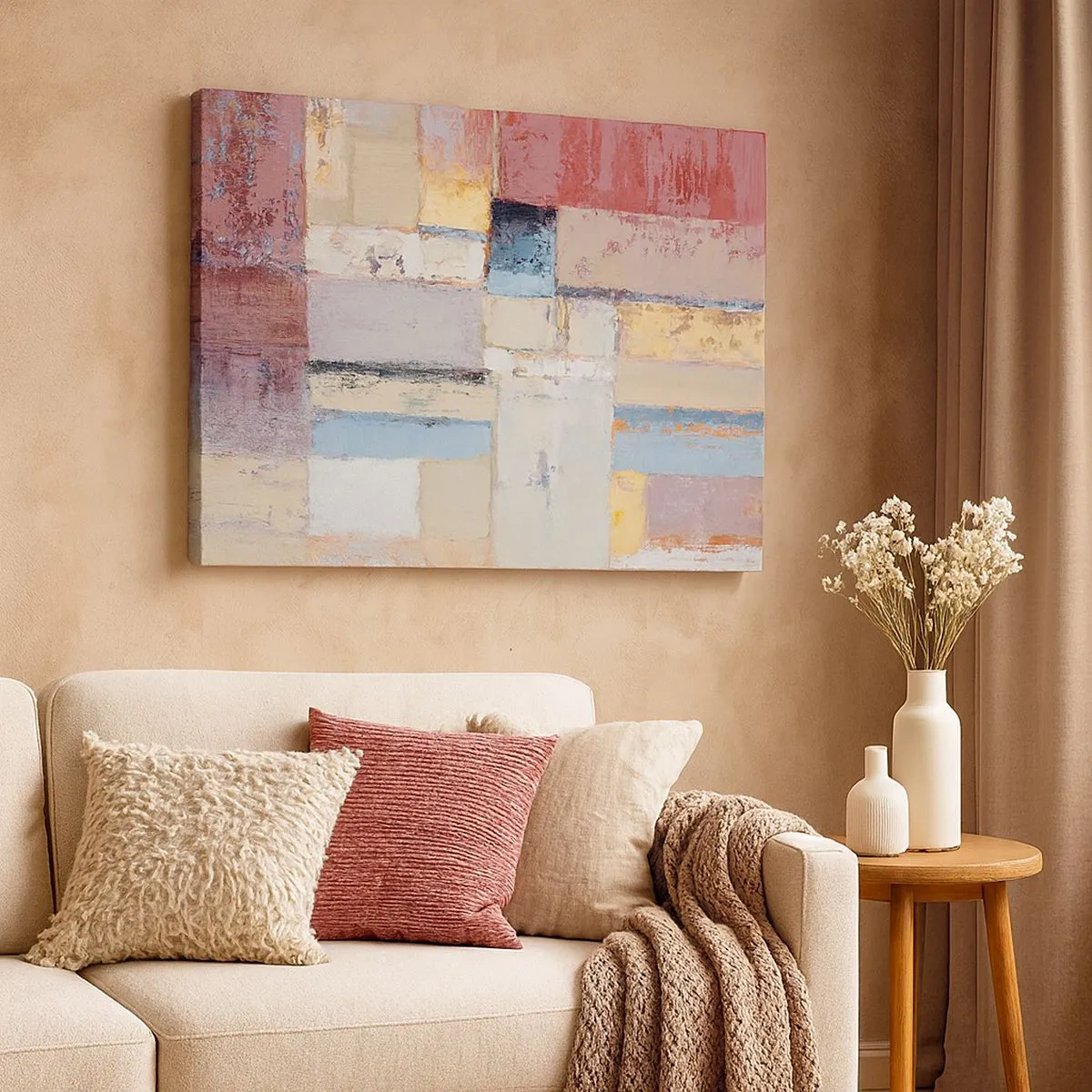 Lærredstryk - Billede på lærred - Geometrisk komposition i pastelfarver - 70x50cm - Geometriens ro - Moderne vægdekoration til stue og soveværelse ARTTOR