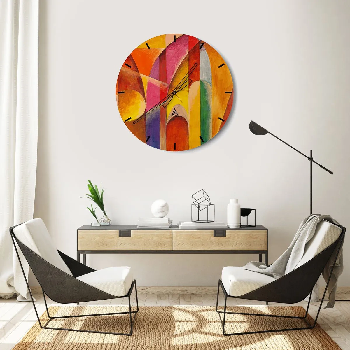 Vægur, Uret - Farverig abstraktion med geometriske former - 30x30cm - Solens katedral - Moderne vægdekoration til stue, køkken og soveværelse ARTTOR