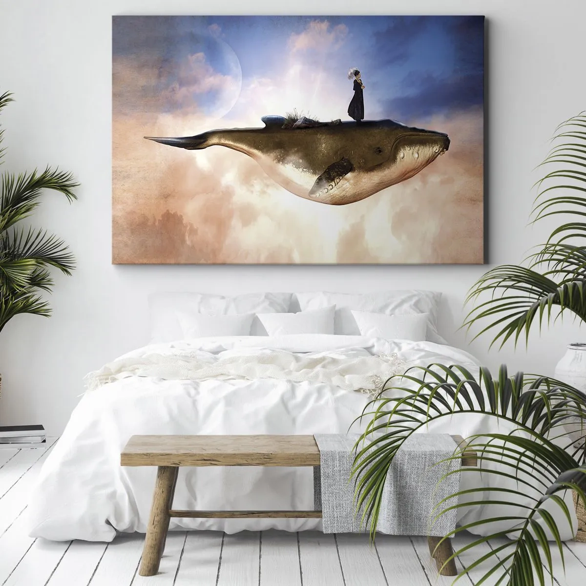 Lærredstryk - Billede på lærred - En fantastisk scene af en kvinde på en hval blandt skyerne - 70x50cm - En surrealistisk rejse - Moderne vægdekoration til stue og soveværelse ARTTOR