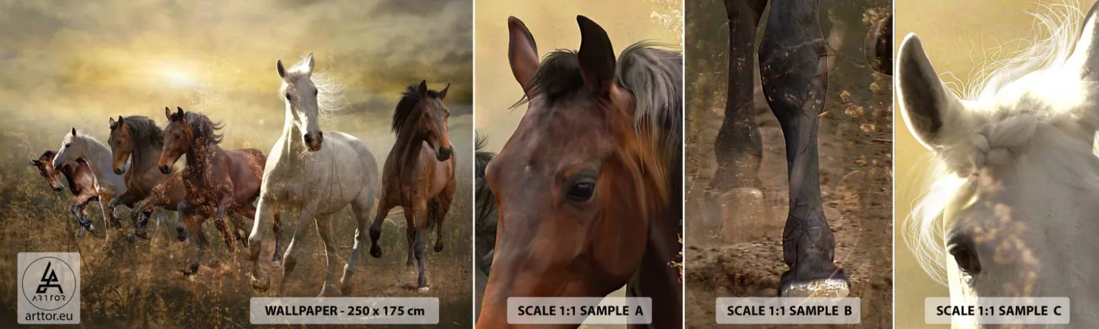 Prøve Fototapet Selvklæbende Deluxe Sticker - Længe leve friheden! - Dyr, Hest, Galop - 100x30 cm