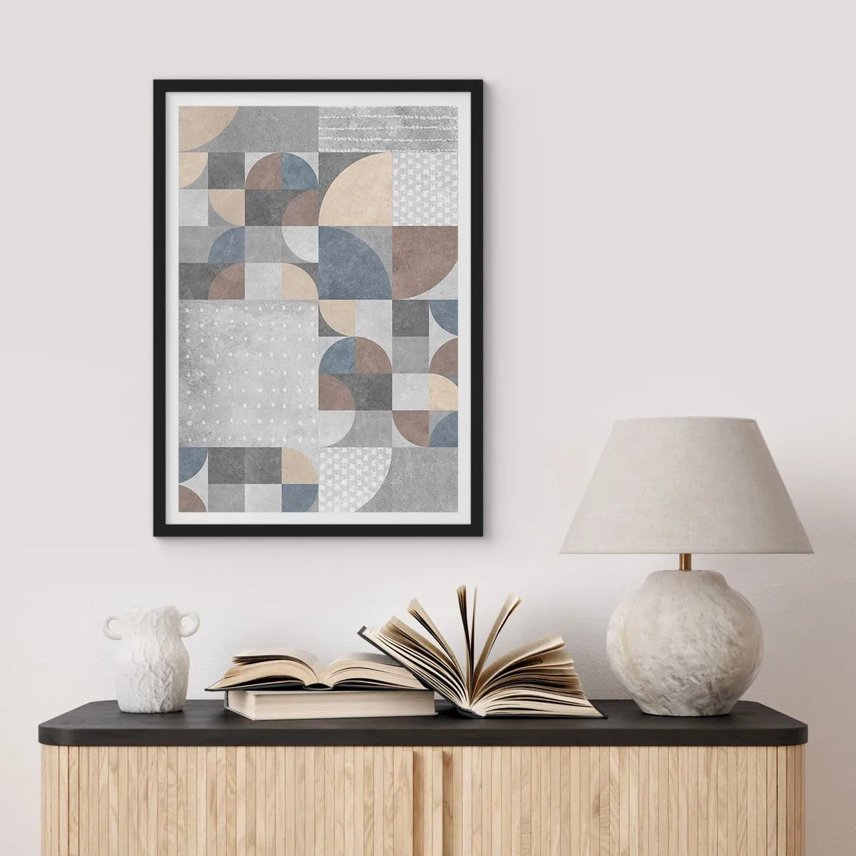 Plakat i sort ramme - Geometrisk mønster i nuancer af grå og blå - 50x70cm - Keramisk fantasi - Moderne vægdekoration til stue og soveværelse ARTTOR